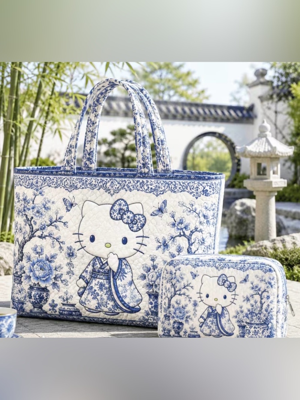 Blue and White Hello Kitty Quilted Tote and Wristlet Set